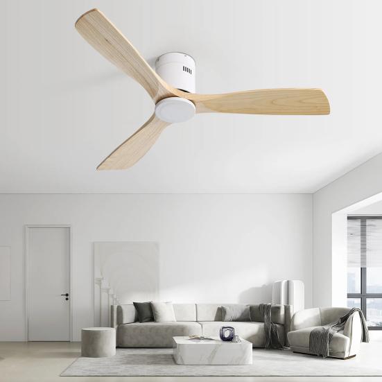 52 Inch Ceiling Fan Natural 3 Solid Wood Fan Blade Noiseless Reversible Direct Current Motor Remote Control for Living Room