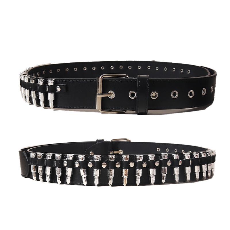 Punk Unisex Schwarzer Ledergürtel mit Pentagramm Kugeln Nieten Schnalle 115 cm black