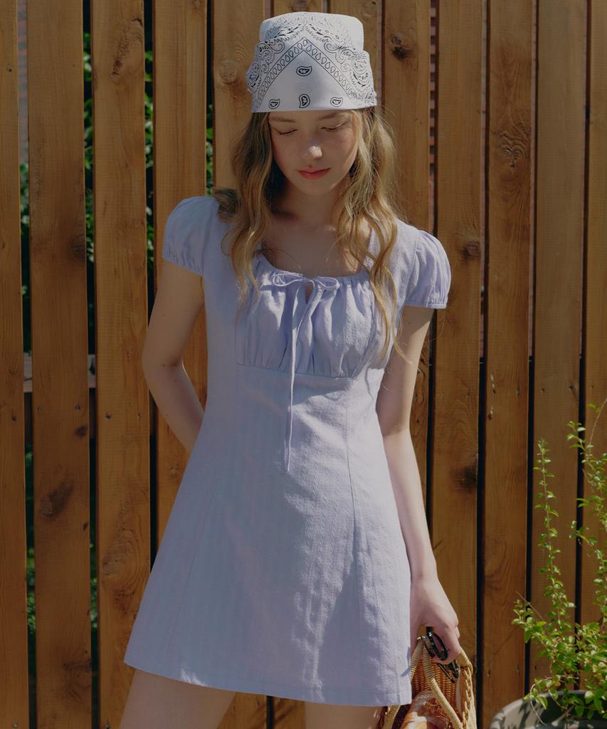 Teuwi Hirot Ribbon Shirred Short Sleeve Mini Dress