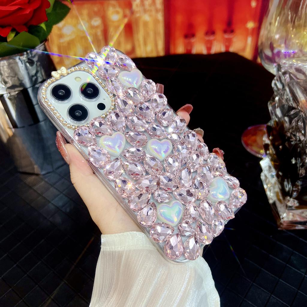 For iPhone 15 Pro Max Case Glass Rhinestone Heart Shape Decor TPU Phone Back Cover