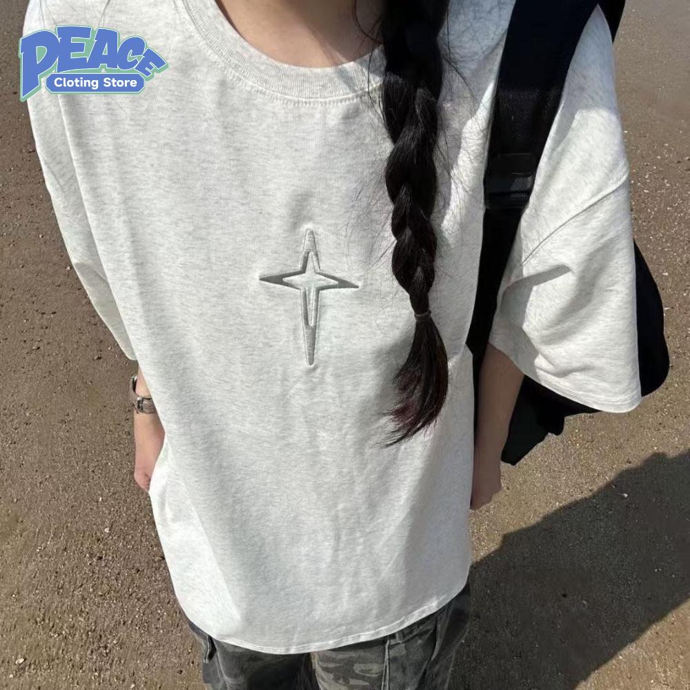 

Retro Embroidered Four-pointed Star T-shirt 100% Cotton T-shirt Summer Fashion Casual Comfy Short Sleeve Top Vintage Streetwear 4XL