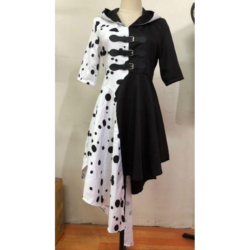 Cruella Vilcosplay Kostüm Cruella Schwarz-Weiß Hexe Pelzkragen Anzug Cosplay Performance Outfit