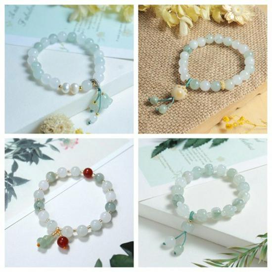 Tianshan Green Jade Gourd Bracelet with Gold Thread Design - Live Broadcast Collection Green Jade 6mm Round Bead Pendant