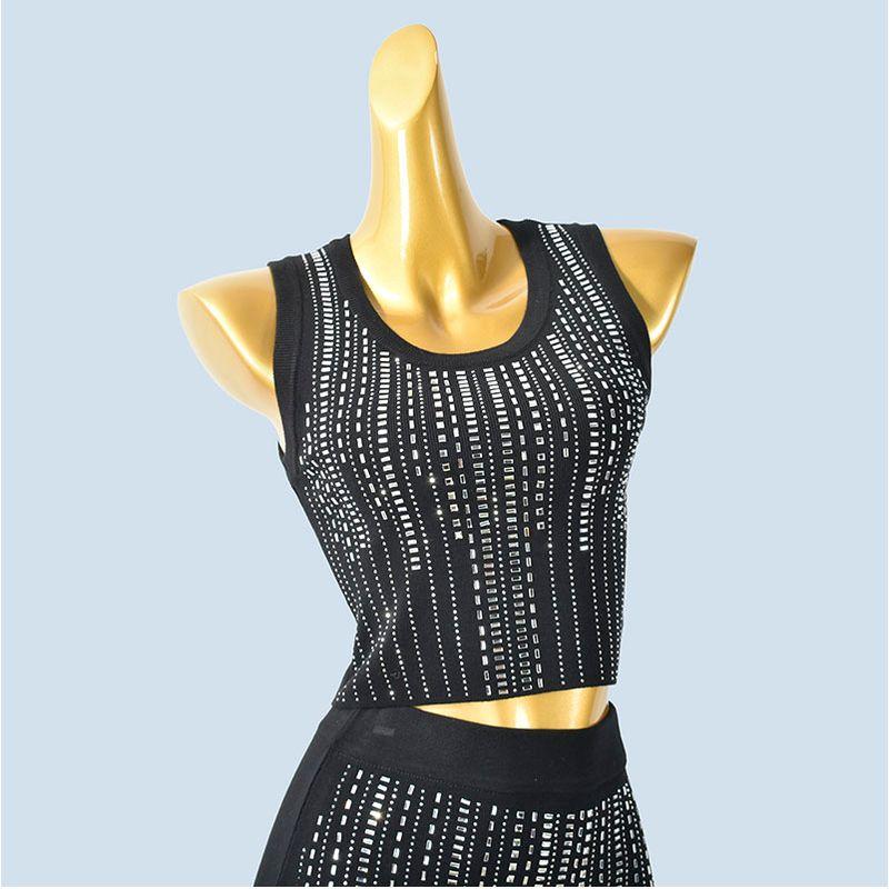 

Экспорт Одиночный Модный Стиль Безрукавный Приталенный Жилет С Завышенной Талией Короткая Тяжелая Вышивка Горячая Приклейка Камней Причудливая Эластичная Юбка на Талии Black single vest L/XL