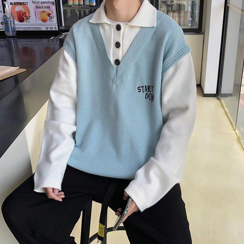 Unisex Fake Two-Piece Sweater: Niche Couple's Lazy Style, Knitted Winter Top.