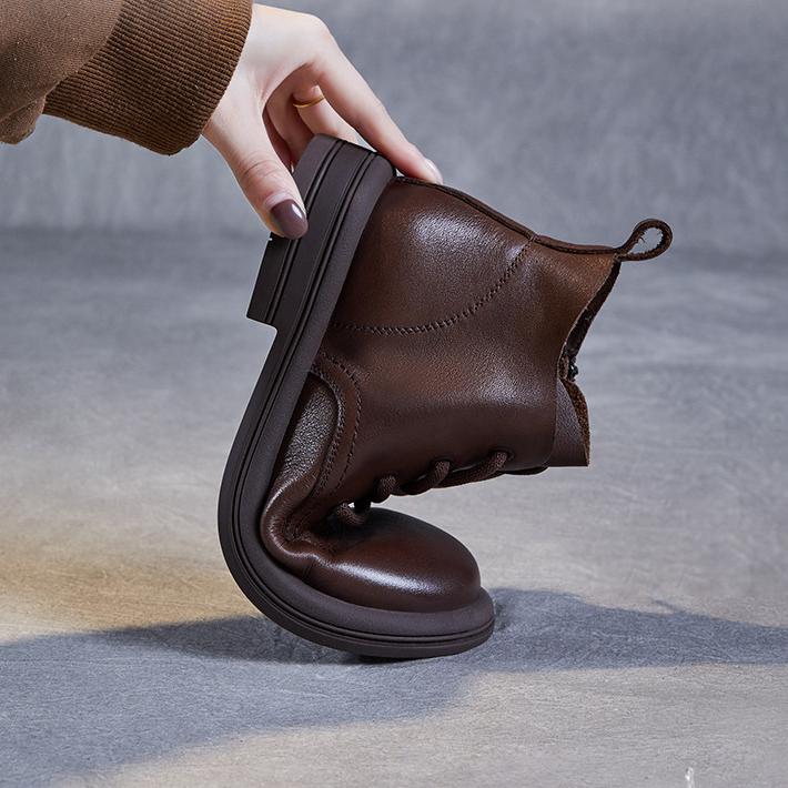 Johnature Botas de couro genuíno estilo britânico com cadarço e sola macia, botas curtas, sapatos femininos de cor sólida