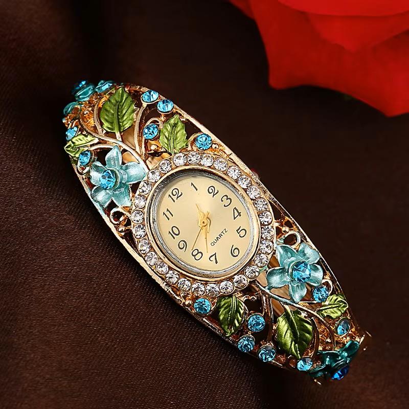 Vintage Retro Women Colored Crystal Bracelet Alloy Bangle Watch Girl Role Playing Princess Flower Leaf Wristwatch Fashion