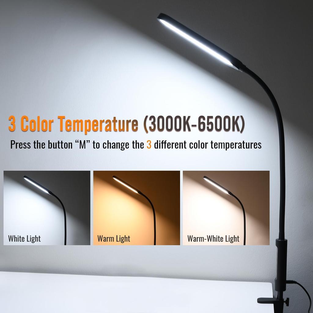 Clamp on Lamp, LED Desk Lamp, 18W, 3000 LMS, 3 Color Modes, 16 Brightness Levels, CRI>95, 0.5H/1H Timer, Eye-Caring Task Lamp with Remote for