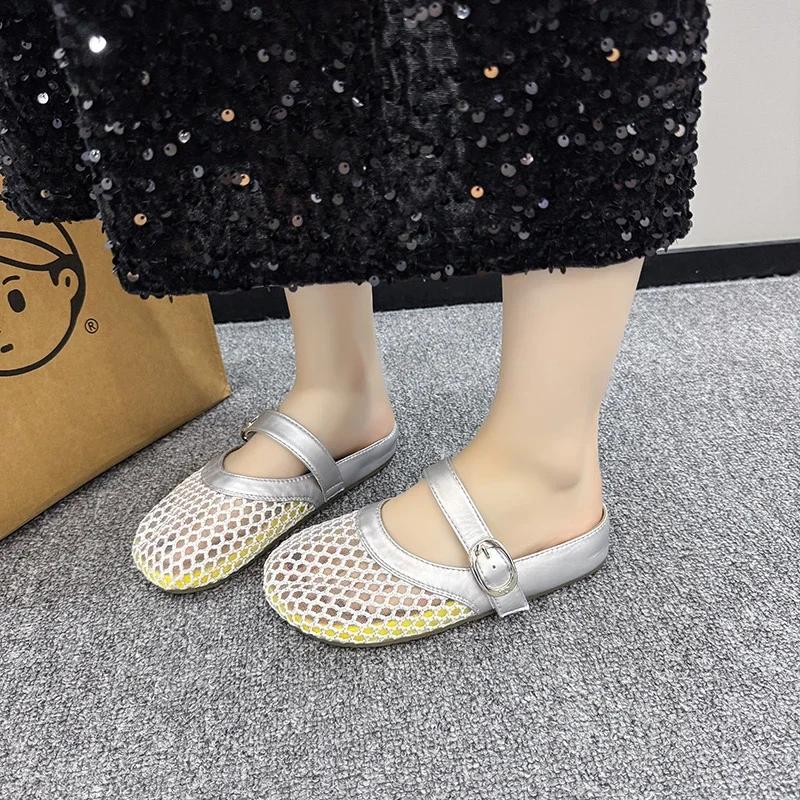 Fashion Ladies Shoes New Summer Closed Toe Women's Slippers Fashion Belt Buckle Mesh Light Comfortable Sandals Concise Rome Flat Slipper
