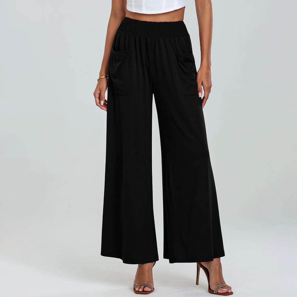 Fashion Loose Elastic Waist Women's Wide Leg Pants High Waist Casual Office Simple Office Trousers with Pockets Solid Color Elegant Clothing