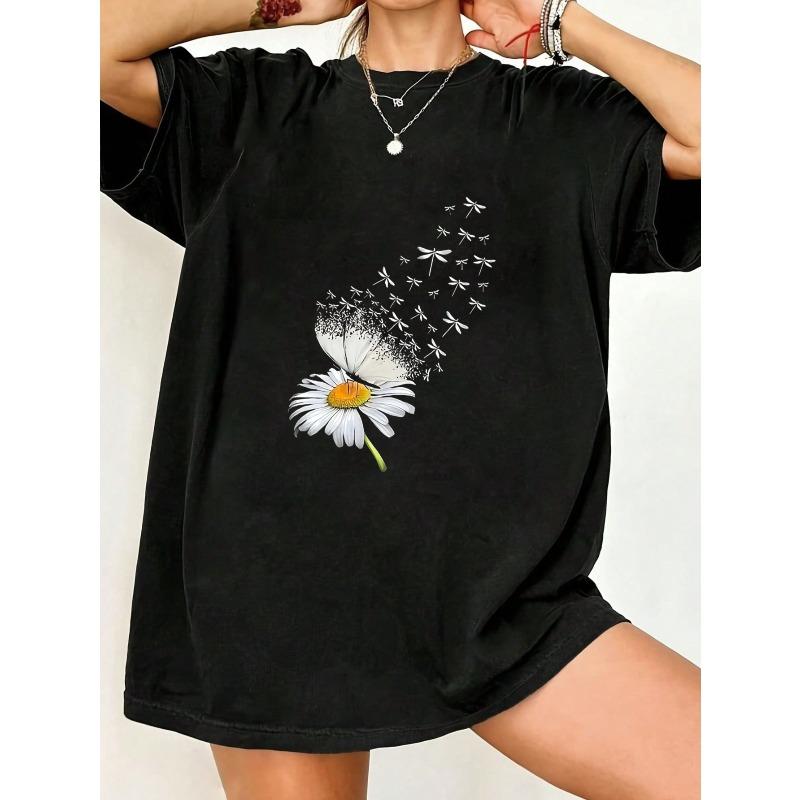 

Black Oversized T Shirt With Daisy And Dragonfly Print For Casual Wear XXXXL чёрный