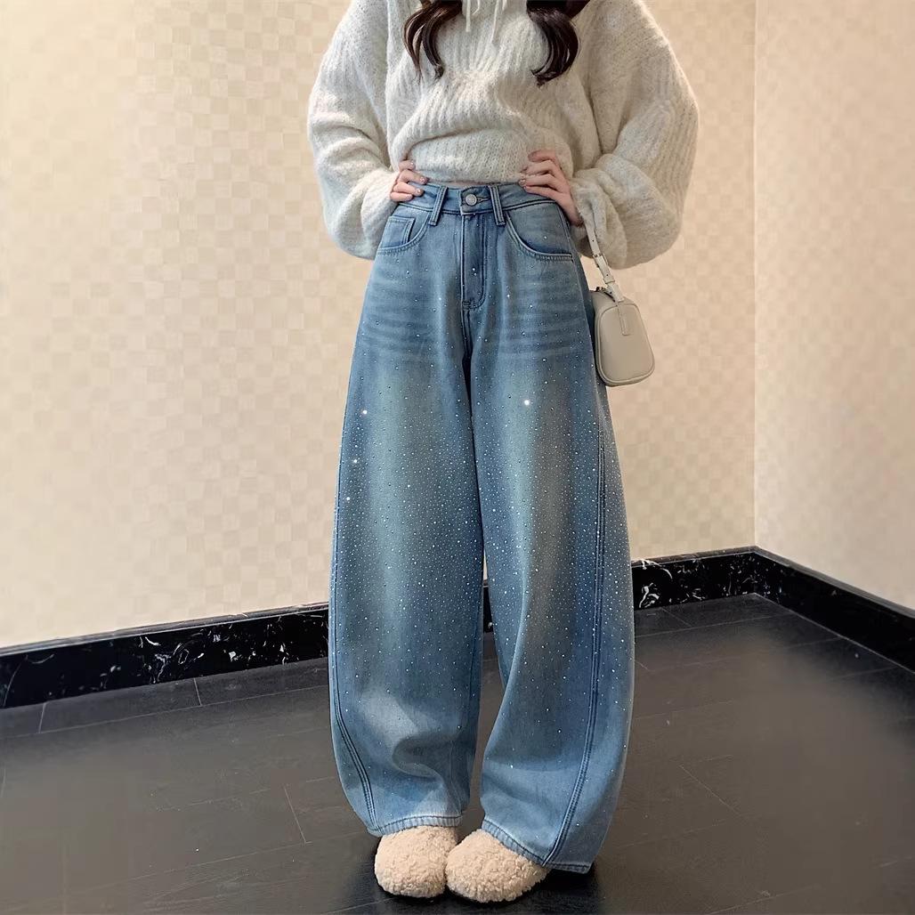 Women s Gypsophila Rhinestone High Waist Wide-Leg Velvet Jeans Small
