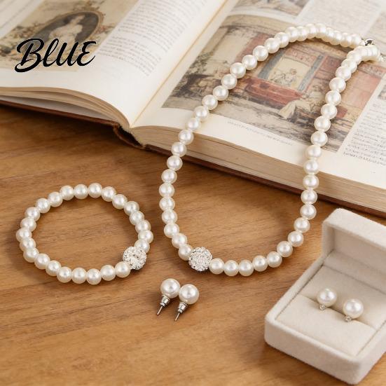 Imitation Pearl Jewelry 46024 Set Adjustable Length Necklace Ear Studs