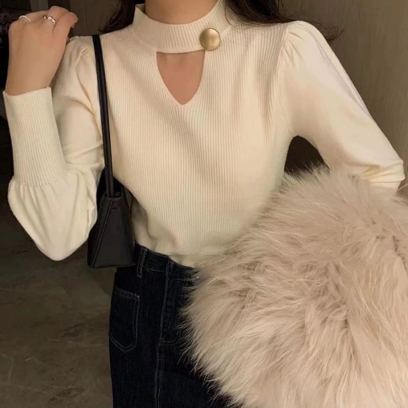 

Трикотажный пуловер с полувысоким воротником, свитер, женский свитер с ключицей и длинными рукавами, осенне-зимний повседневный однотонный свитер, пуловеры, топы One Size абрикосовый