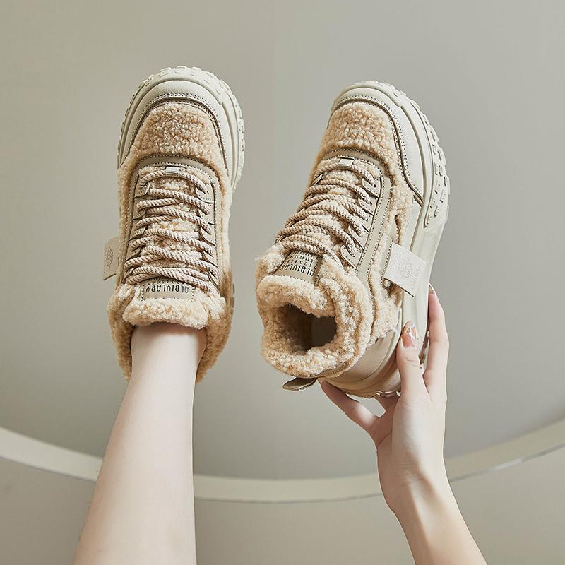 MCTIN Shoes for Women Winter Plush Chunky Sneakers Lace Up Casual Thick Soled Warm Shoes