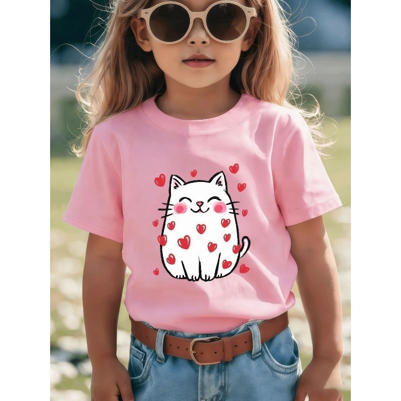 European sizes Cute Round White Kitten T-Shirt for Girls and Boys, Joyful Cartoon Design, Heart Hugging Pattern, Casual Crew Neck, Short Sleeve