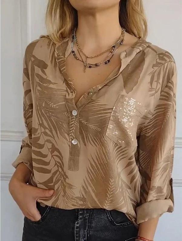 2025 Spring/Summer Women's Loose Casual Long-Sleeve Sequin Pocket Print Shirt