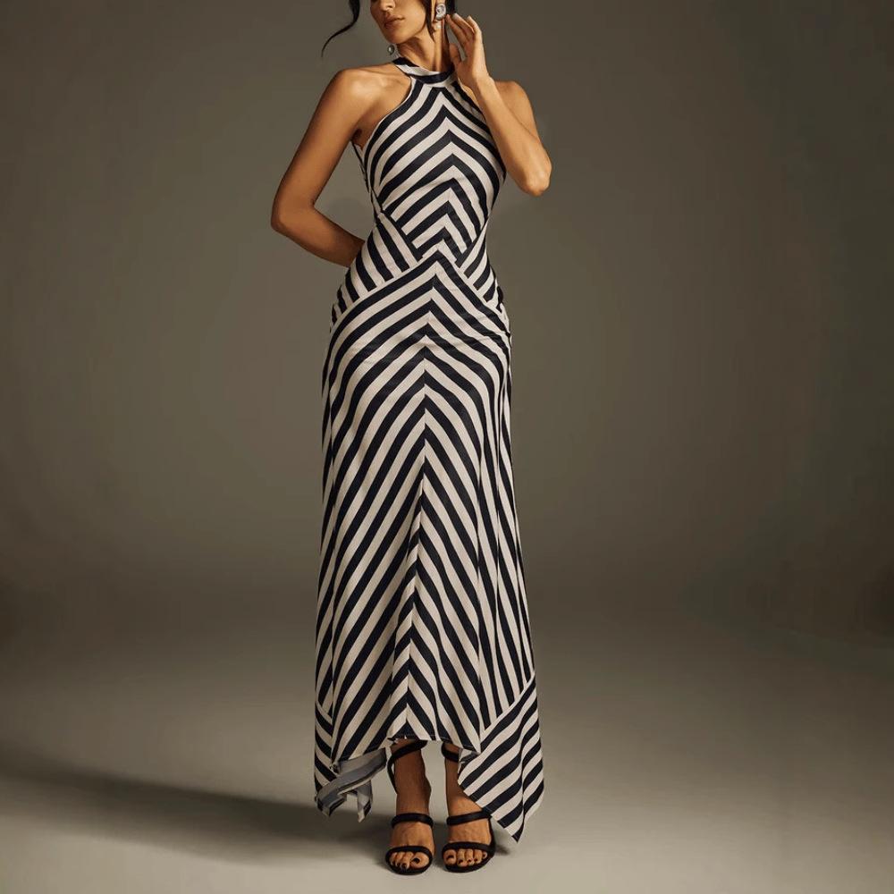 Women Halter Striped Print Maxi Dress Sleeveless High Waist Flowy Summer Dress