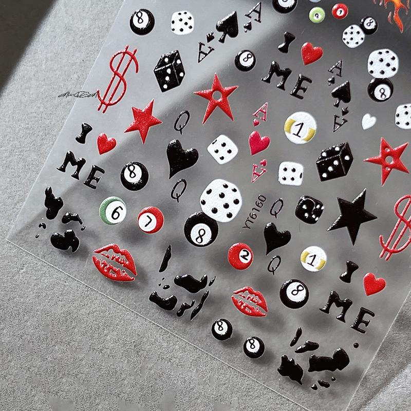 3D Embossed Cherry Nail Art Stickers Self Adhesive Pool Dice Design Manicure DIY Accessories Nail Art Decals for Creative Nail