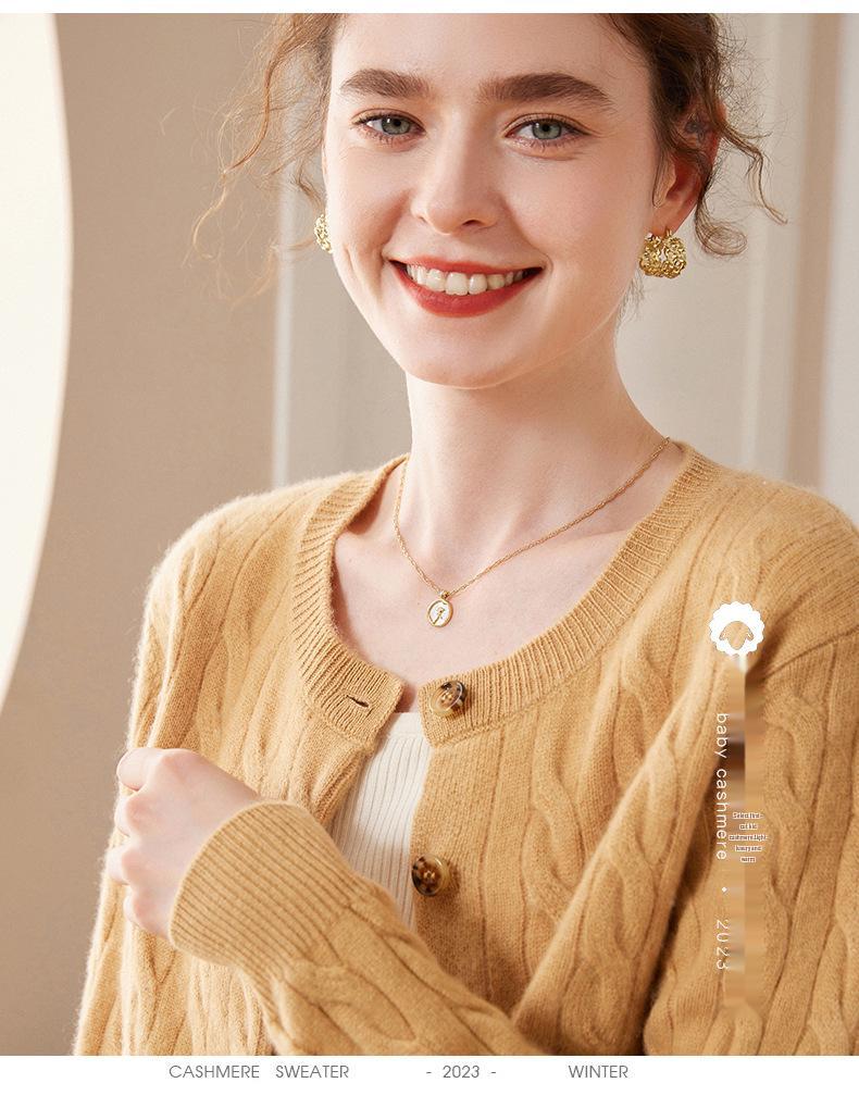 Women's 100% Pure Cashmere Round Neck Cable Knit Cardigan Sweater