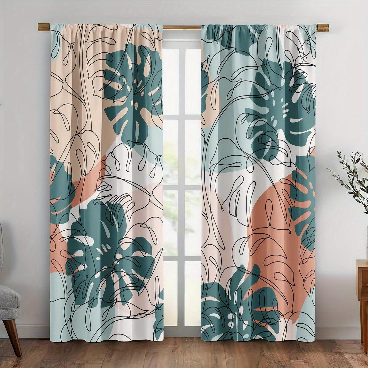

Piece Monstera Leaf Print Curtains Polyester Fabric Suitable Bedroom Living Room Decoration Curtain Machine Washable Perfect For Sitting W100*H70(CM)-Hooks&2PCS