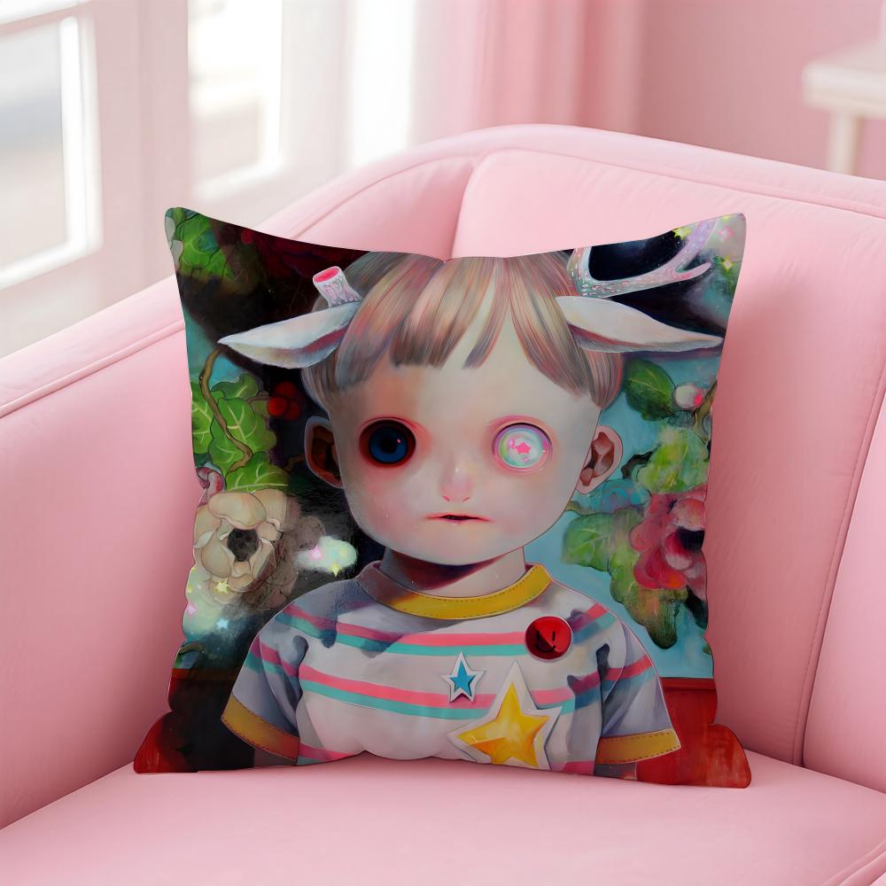 Whimsical Japanese Abstract Art Cute Emo HHikari Shimoda Cushion Cover Pillow Case Soft Skin Friendly Fabric Concealed Zipper