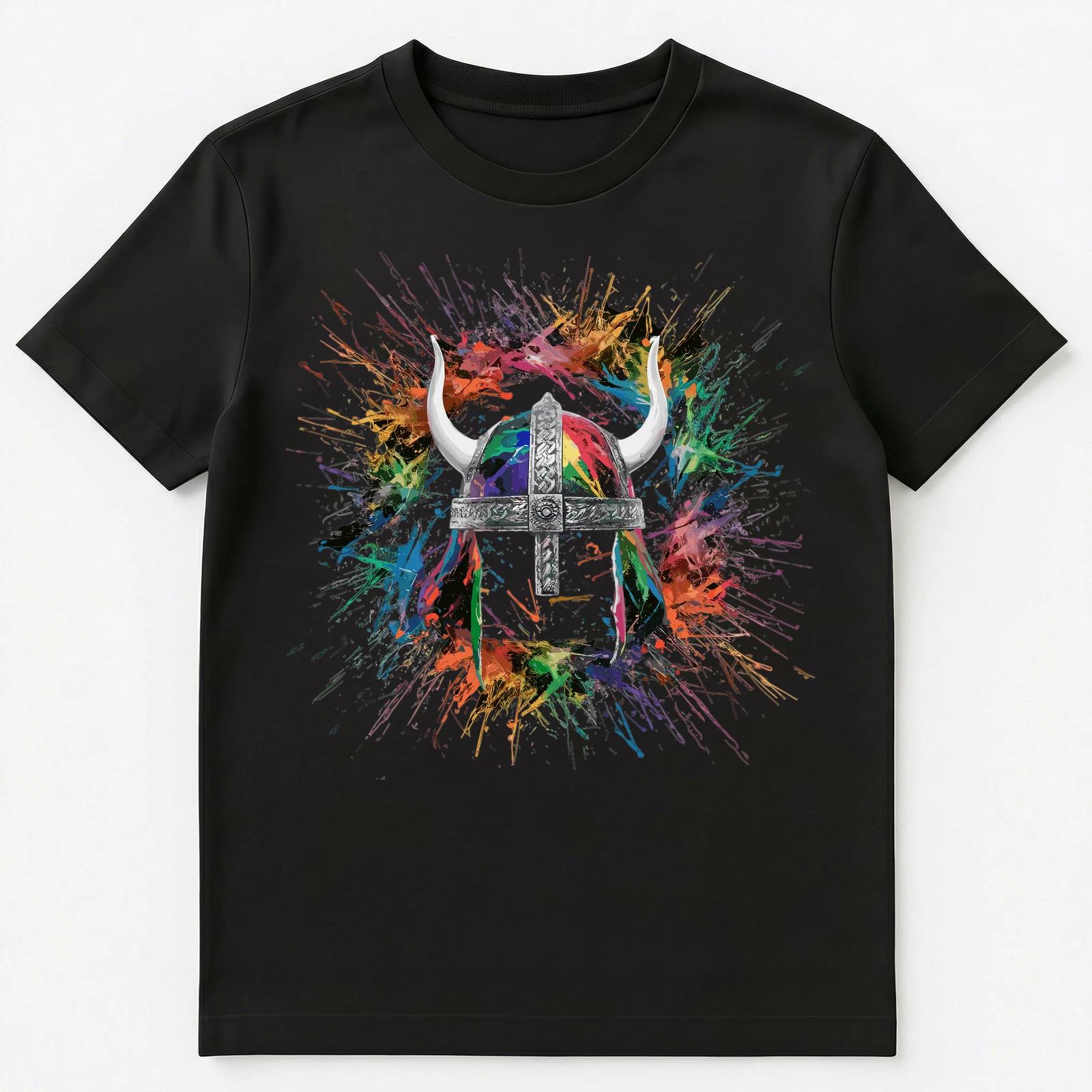 

Colorful Paint Splash Viking Helmet Art Graphic Unisex T-Shirt L