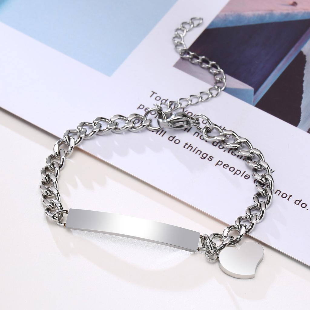 Stainless Steel Silver Color Bracelet Smooth Blank Bar With Heart Pendant Trendy Wrist Valentines Day Gift Jewelry
