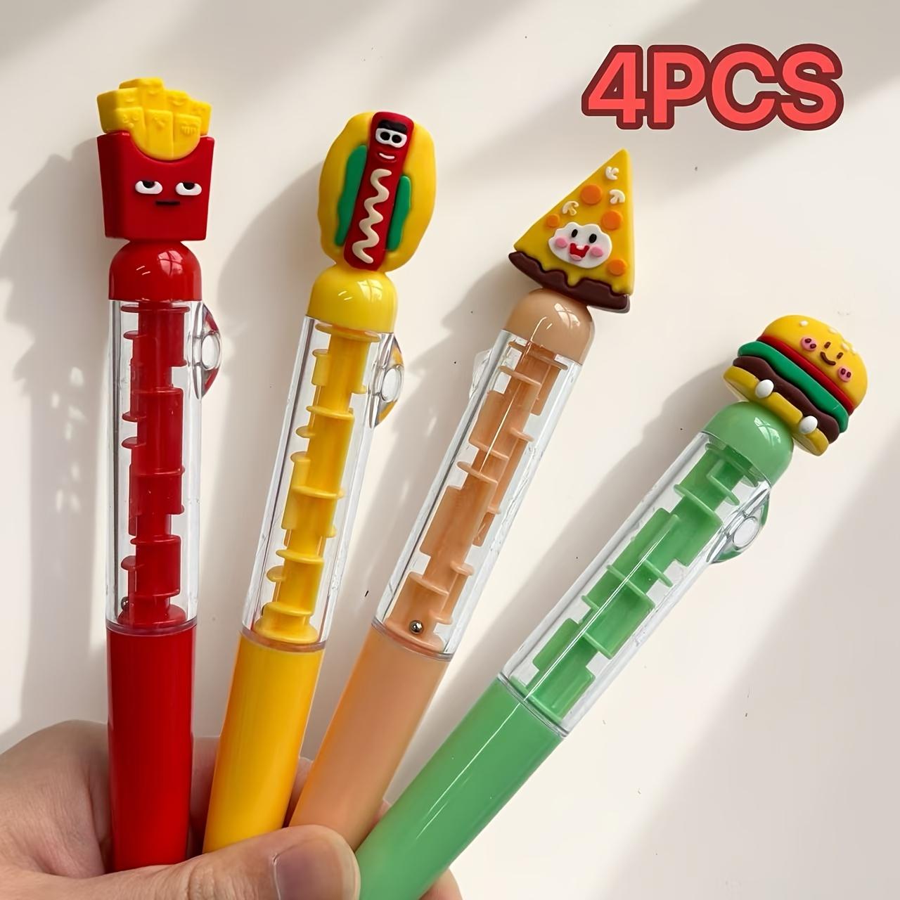 

4-Color Cute Shaped Maze Pen Set Hamburger & French Fries Food Themed Soft Gel 0.7mm Ballpoint Pens for Creative Writing