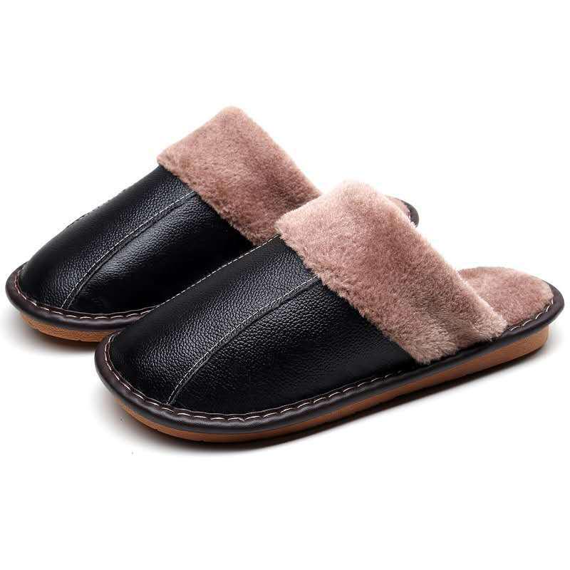 Unisex Genuine Leather Cowhide Slippers: Non-Slip, Warm Indoor Cotton Slippers for Autumn and Winter