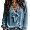 2026 Autumn Velvet V-neck Tie Shirt - Elegant French Style for Women