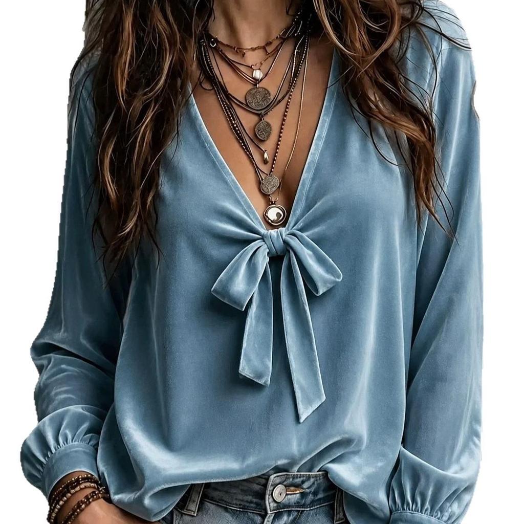2026 Autumn Velvet V-neck Tie Shirt - Elegant French Style for Women