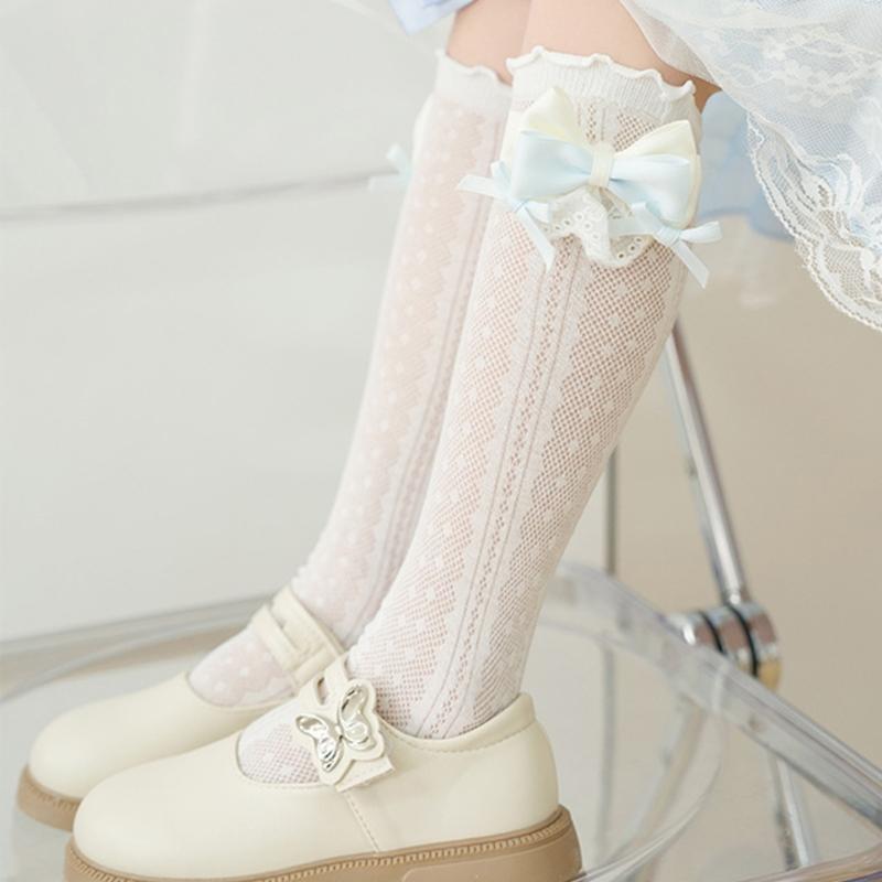 Stylish Knee Length Socks for Girls 3-12 Years Bowknot Trimmed Long Tube Socks Party Daily Wear Accessories