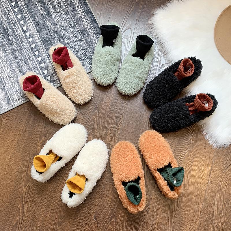 Fashion White Internet Celebrity Women's New Winter Curly Flat-soled Slip-on Cotton Shoes