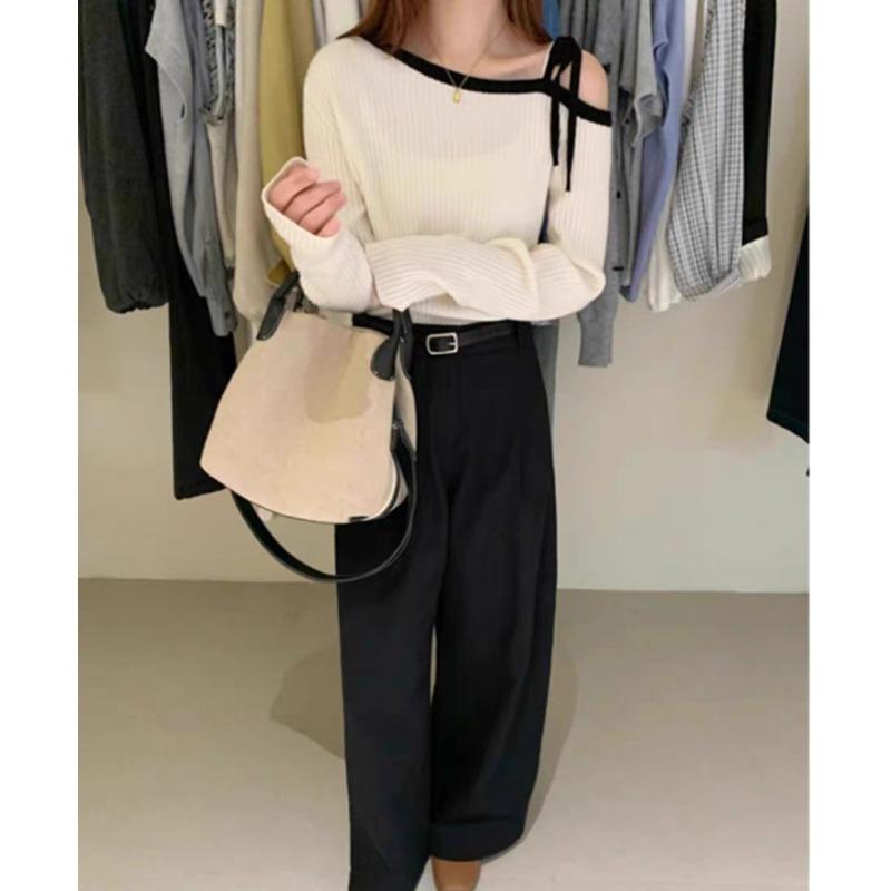 Elegant Fashion Off-shoulder Lace-up Pullover Women Sweater 2025 Autumn Loose Long Sleeve Casual Knitted Top Korean Style Clothing