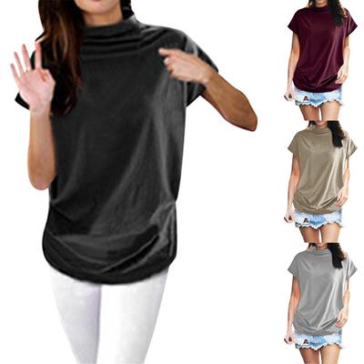 Women Turtleneck Short Sleeve Cotton Solid Casual Blouse Top T Shirt Plus Size