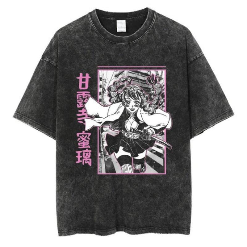 Japanese Anime Demon Slayer Washed T-shirt Men and Women Summer Harajuku Clothing Breathable Short Sleeved T-shirt