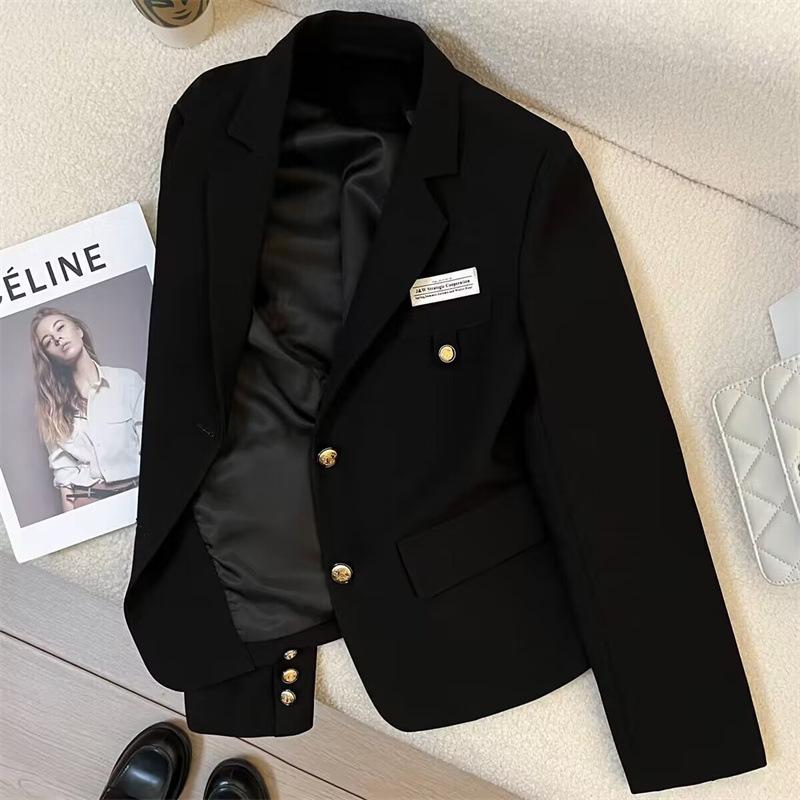 Women's Black Short Suit Jacket - Petite 2025 College Style Casual Streetwear for Spring and Autumn