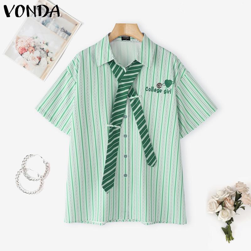VONDA Women Tie Up Short Sleeve College Style Striped Oversized Casual Shirts