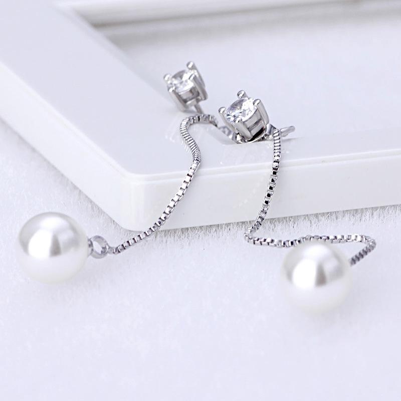 Fashion Silver -Color Simulated Pearl Pendant Long Chain Cubic Zirconia Long Earrings Bridal Wedding Pearl Jewelry Drop Earrings