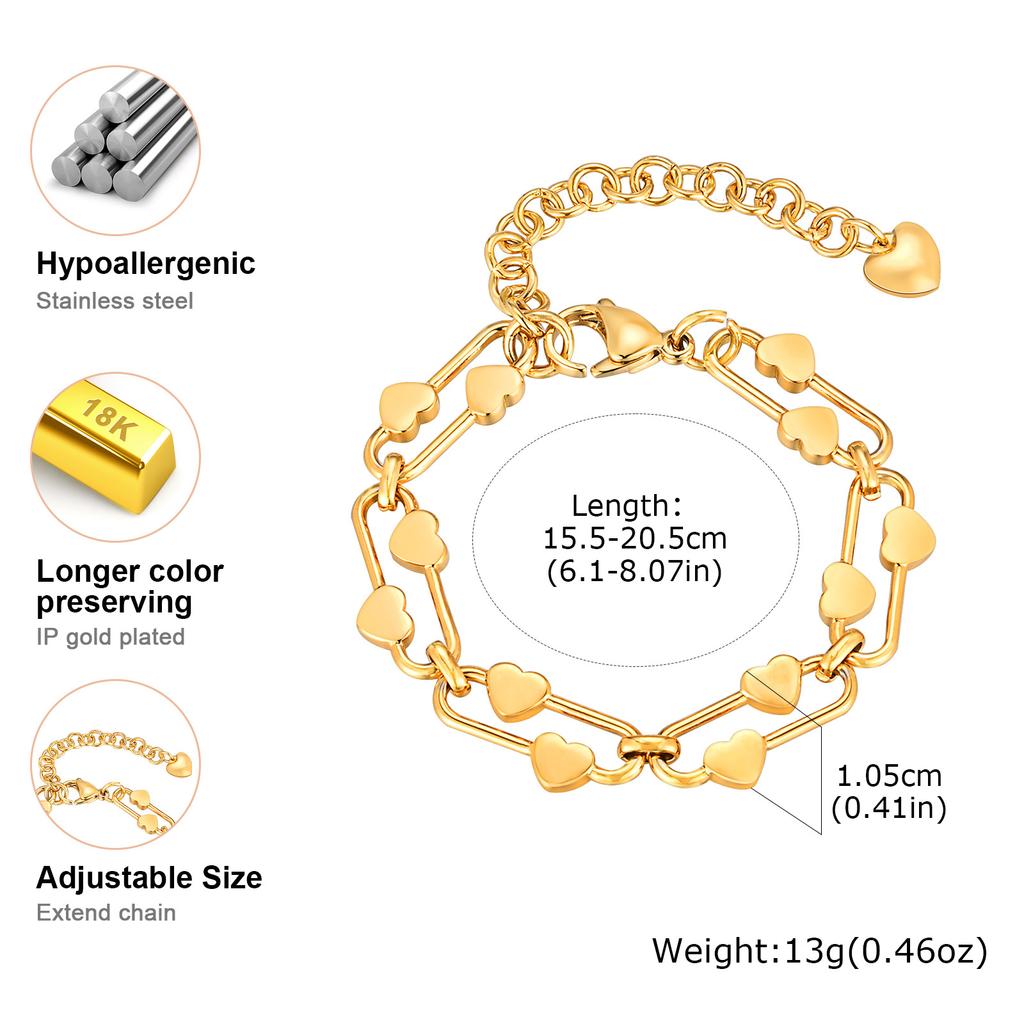 Waterproof Heart Chain Paperclip Link Bracelet For Women, Statement Stainless Steel Adjustable, Non Tarnish Jewelry