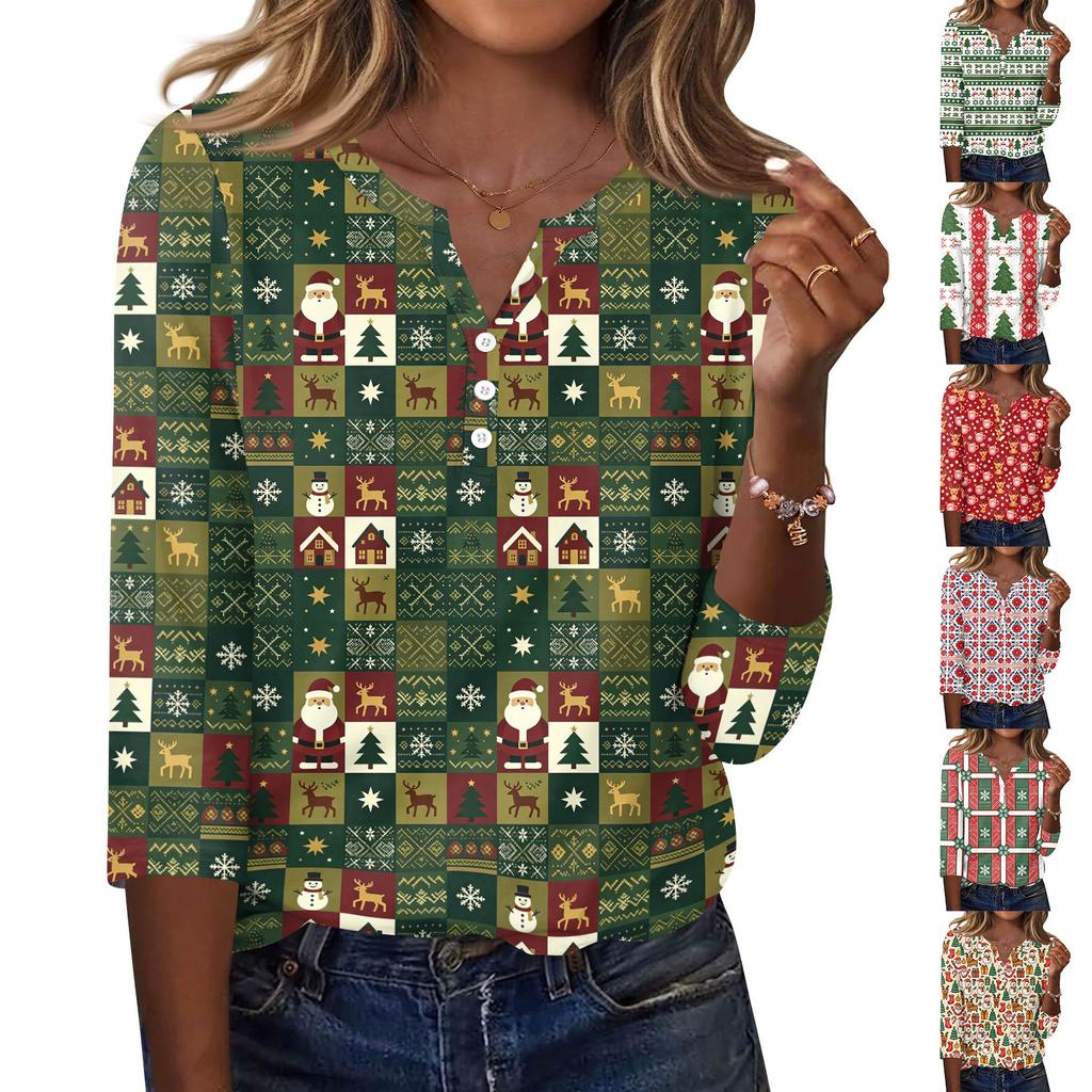 Women's Fashion Casual Christmas Print V-Neck Button 3/4 Sleeve T-Shirt Top for Holiday