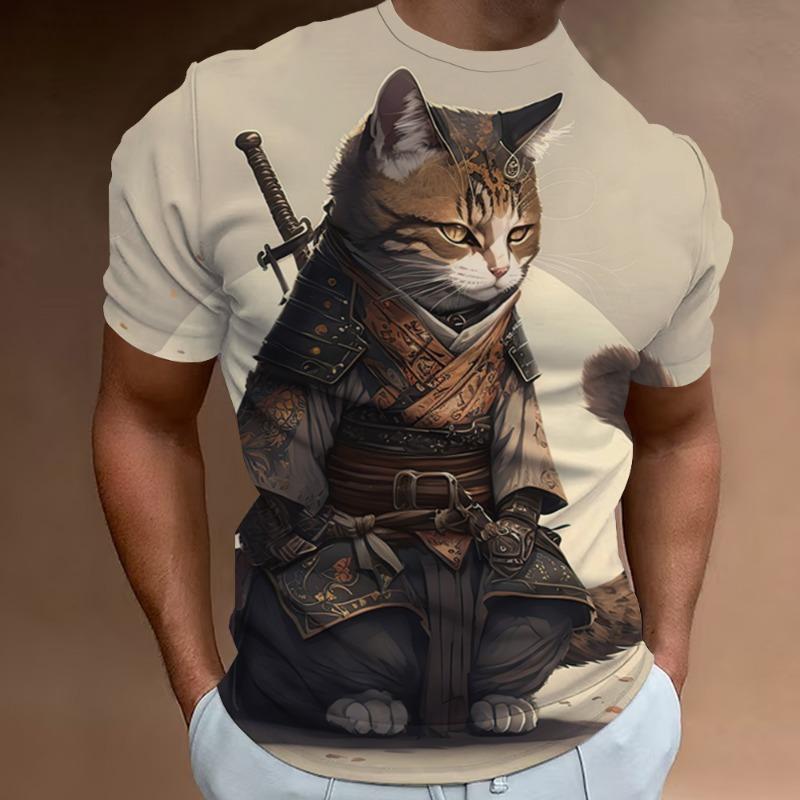 New Retro Men's T-Shirt 3d Samurai Cat Print Short Sleeve T-Shirt For Men Fashion Oversized Man Clothes