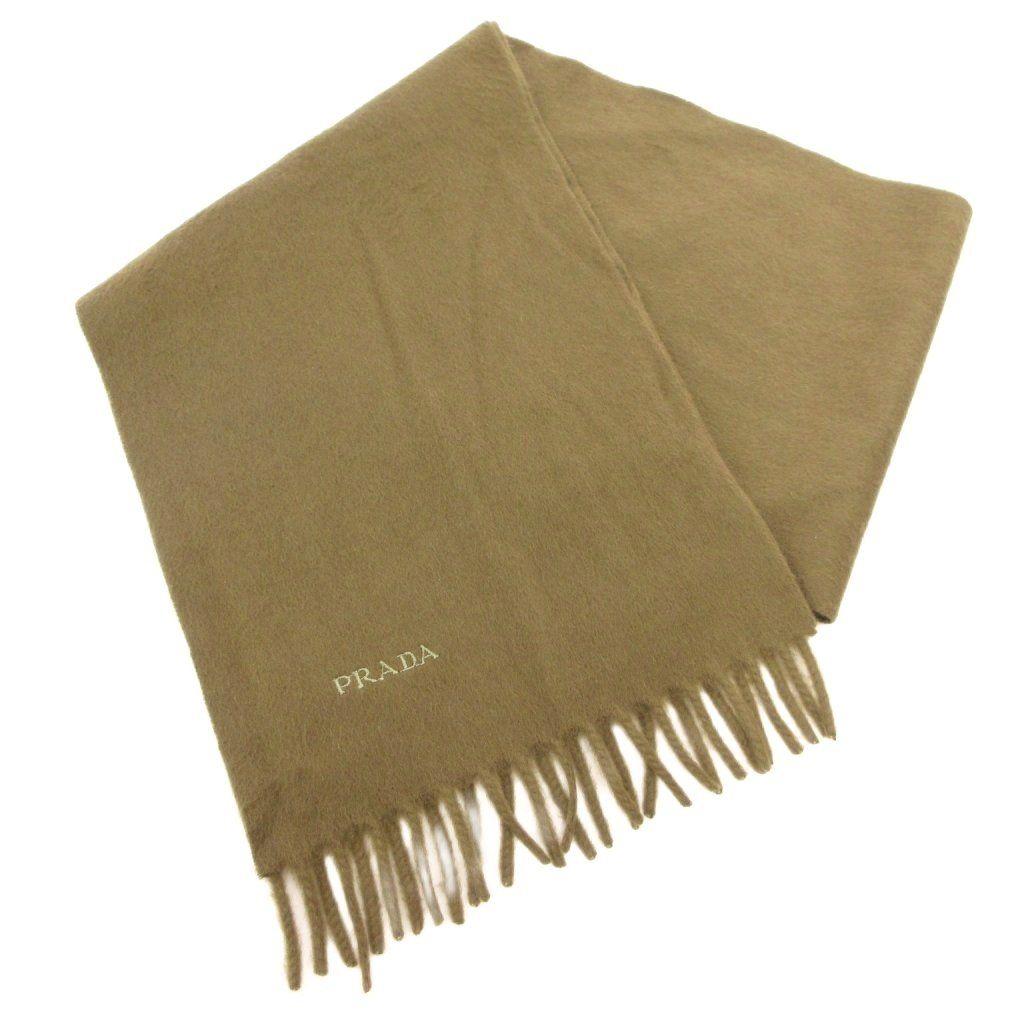 Used Prada PRADA Beautiful Condition Short Muffler Stole 100% Cashmere Fringe Logo Embroidery Khaki Green /JS IBO100