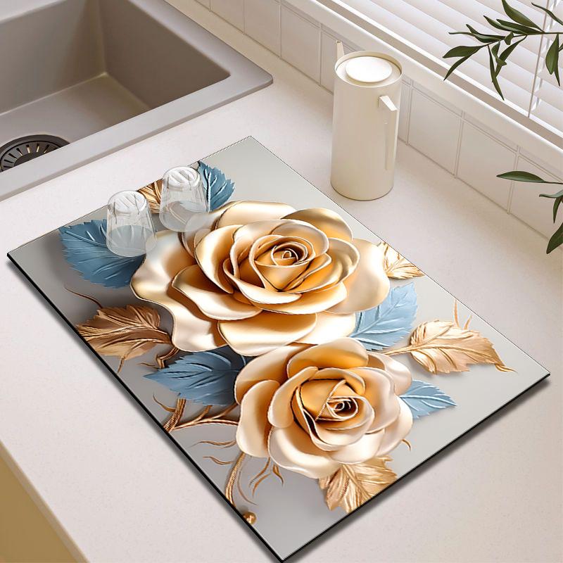3D Floral Diatom Mud Drain Pad - Heat-Insulating, Quick-Drying, Non-Slip Kitchen Mat