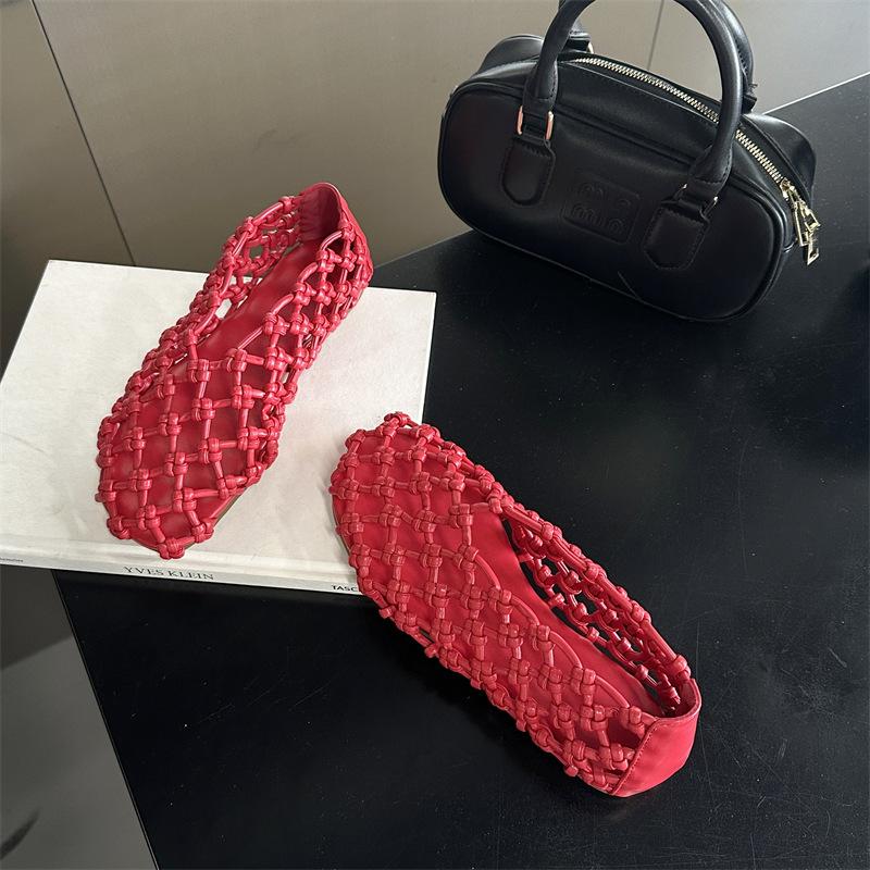 IPPEUM Women Mesh Balet Flats 2025 New Round Toe Red PU Leather Ballerina Shoes