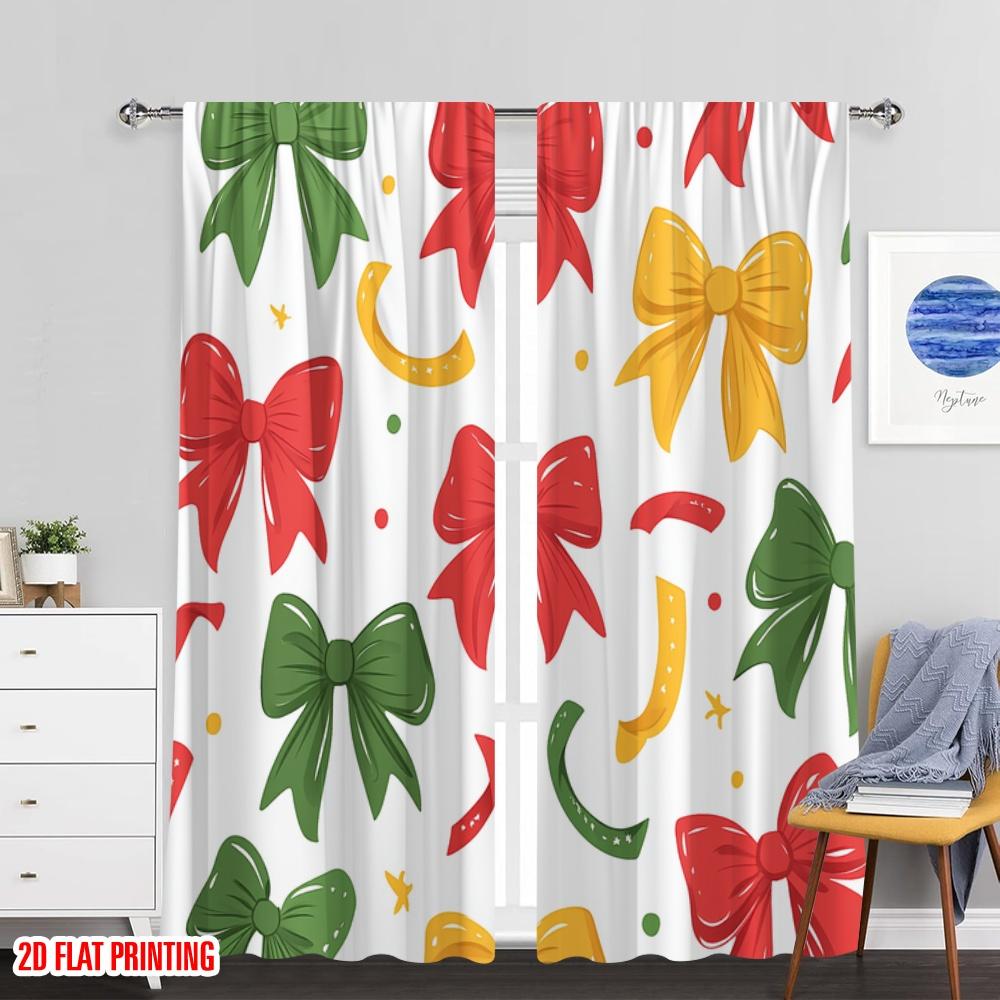 Set Of 2 Plane Printing Curtains Christmas Bows Ribbons Gift Versatile Durable Polyester Without Rod Gifts Bedroom Curtain Perfect For Sleeping Area