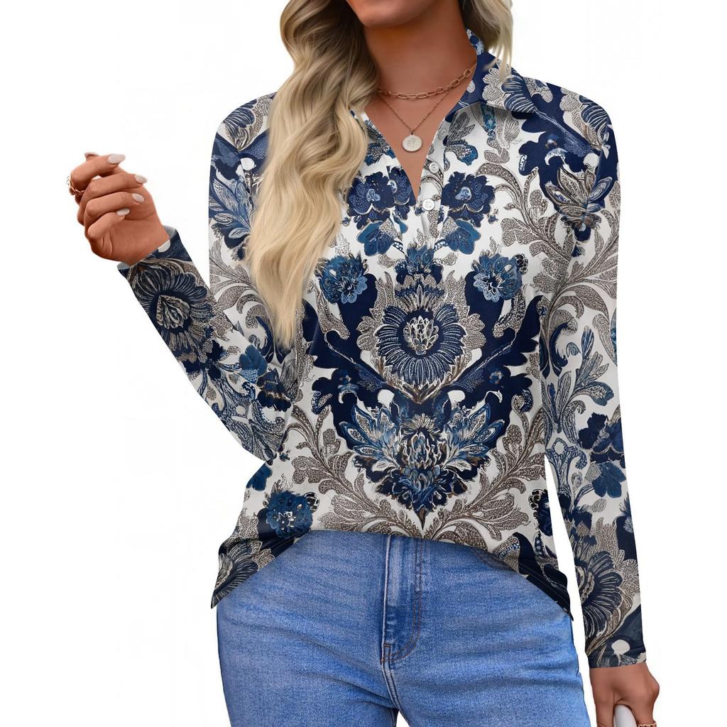 Damenmode Casual Revers Kurze Langarm Print Shirt Damen Button Up Tops