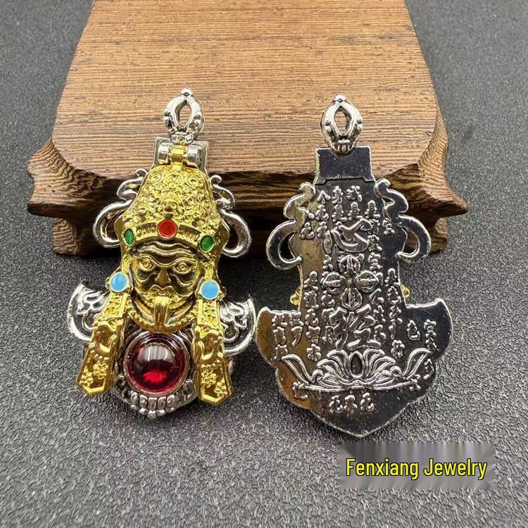 Tibetan Retro Inlaid Green Chalcedony and Red Agate Sweater Pendant
