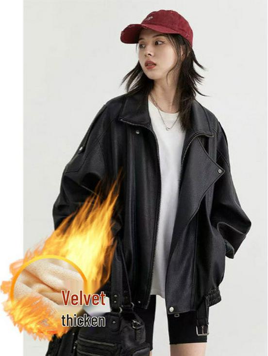 2025 Unisex Velvet-Lined Leather Motorcycle Jacket - High-End Punk Winter Style